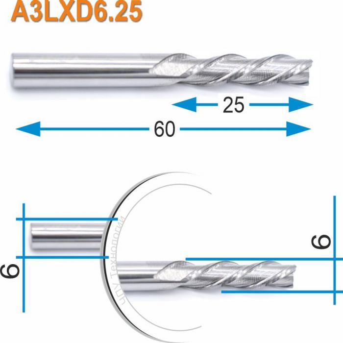 Фреза спиральная трехзаходная стружка вниз DJTOL A3LXD6.25