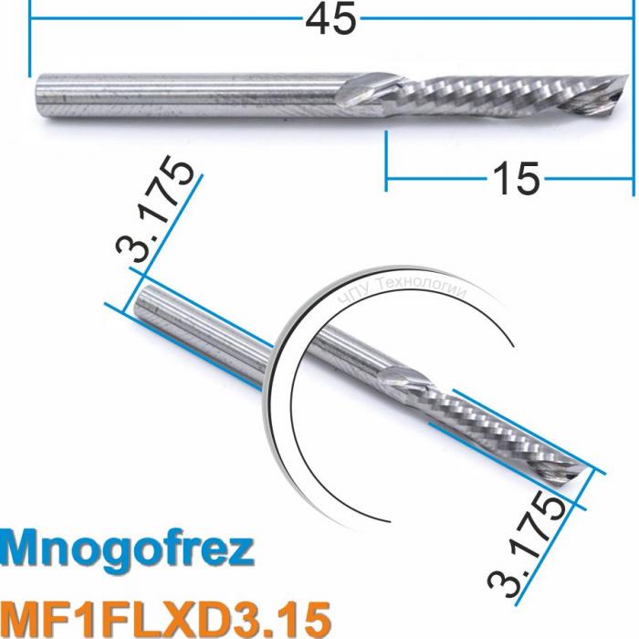 Фреза спиральная однозаходная стружка вниз MF1LXD3.15