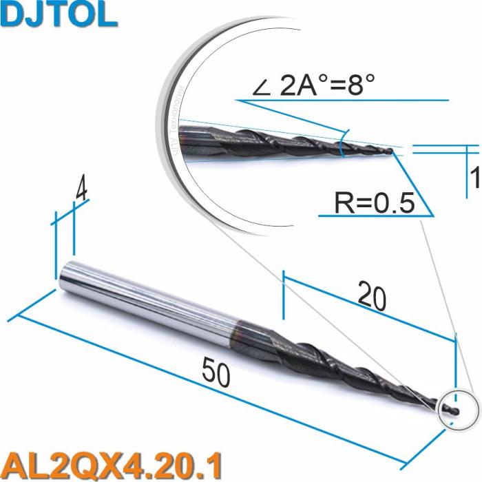 Фреза спиральная двухзаходная конусная сферическая DJTOL AL2QX4.20.1