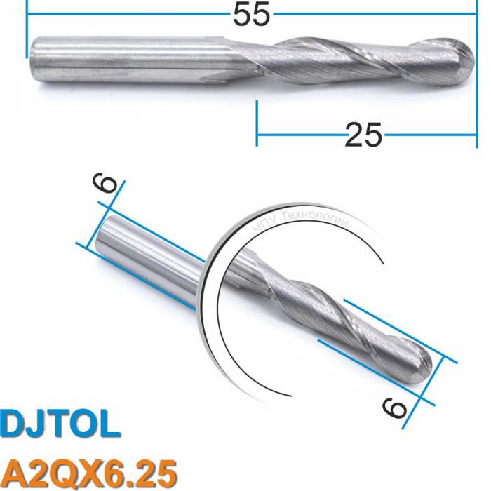 Фреза спиральная двухзаходная сферическая DJTOL A2QX6.25