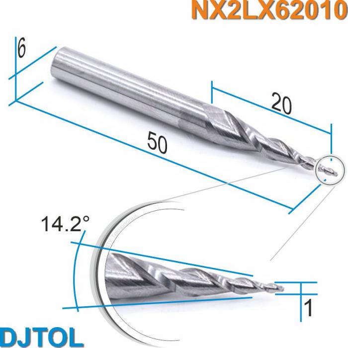 Фреза спиральная двухзаходная конусная с плоским кончиком DJTOL NX2LX62010