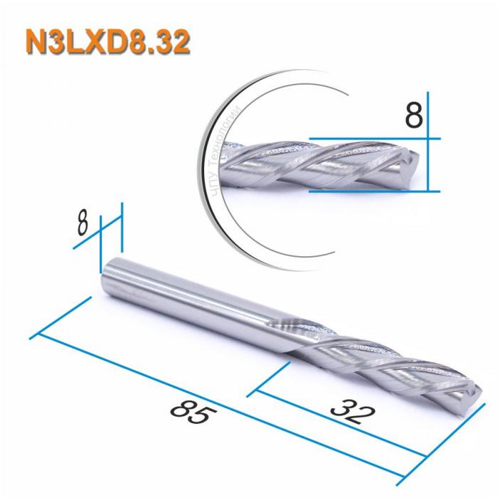 Фреза спиральная трехзаходная, удаление стружки вниз DJTOL N3LXD8.32
