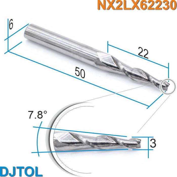 Фреза спиральная двухзаходная конусная с плоским кончиком DJTOL NX2LX62230