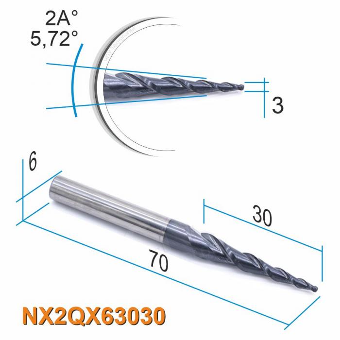 Фреза спиральная двухзаходная конусная сферическая DJTOL NX2QX63030