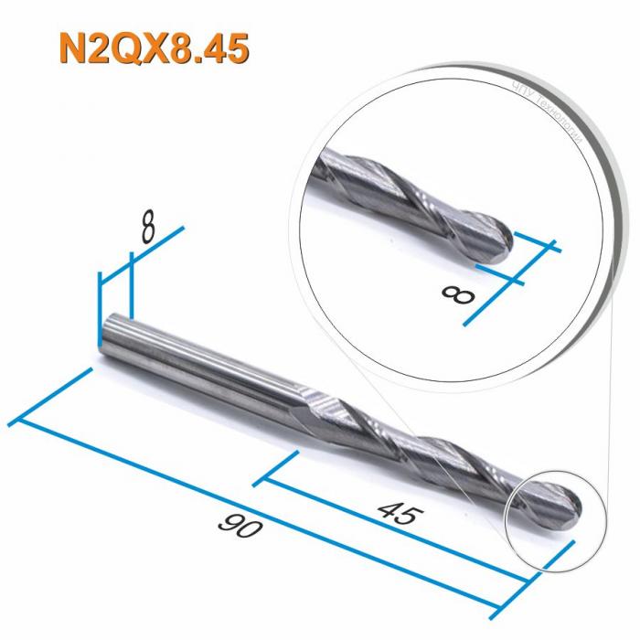Фреза спиральная двухзаходная сферическая DJTOL N2QX8.45