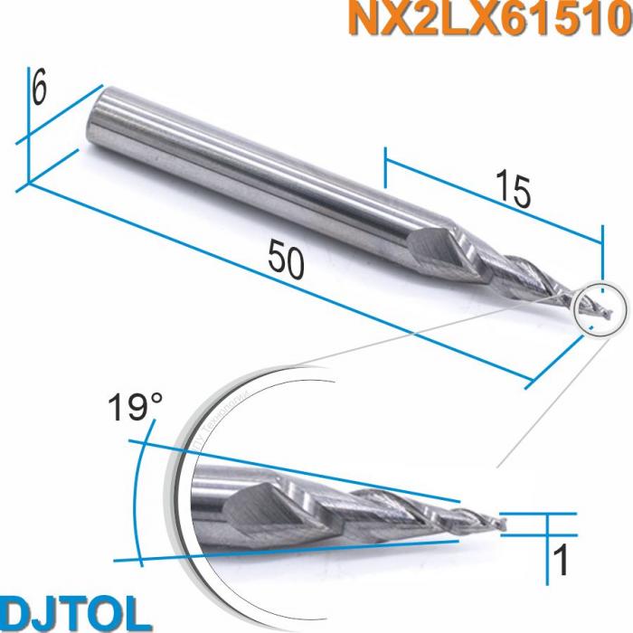 Фреза спиральная двухзаходная конусная с плоским кончиком DJTOL NX2LX61510