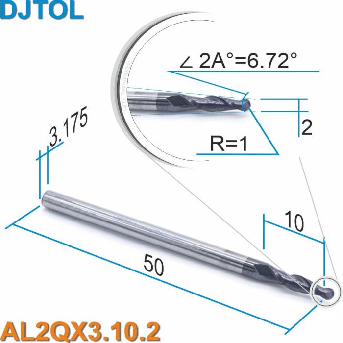 Фреза спиральная двухзаходная конусная сферическая DJTOL AL2QX3.10.2