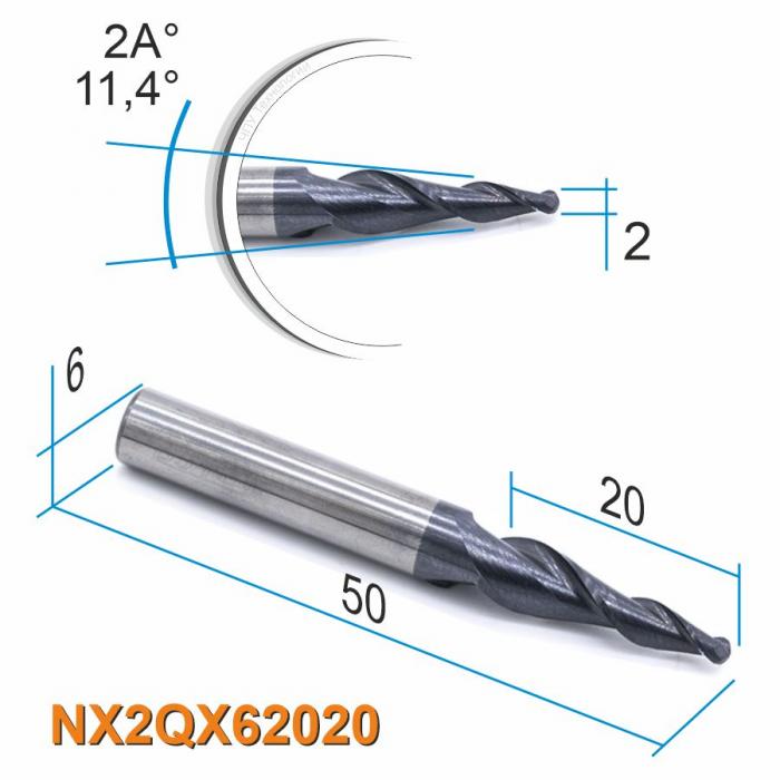 Фреза спиральная двухзаходная конусная сферическая DJTOL NX2QX62020