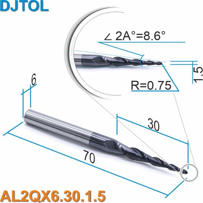 Фреза спиральная двухзаходная конусная сферическая DJTOL AL2QX6.30.1,5