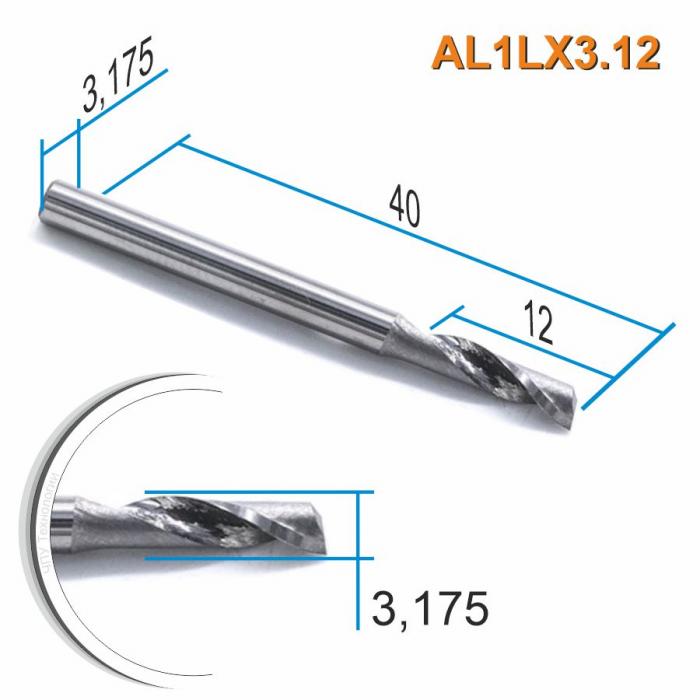 Фреза спиральная однозаходная по цветному металлу DJTOL AL1LX3.12