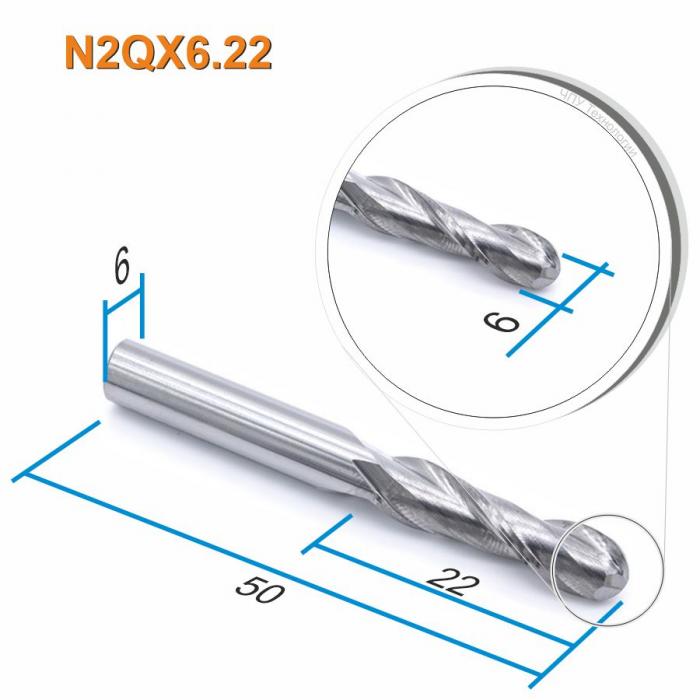 Фреза спиральная двухзаходная сферическая DJTOL N2QX6.22