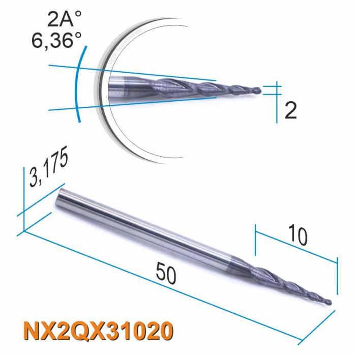 Фреза спиральная двухзаходная конусная сферическая DJTOL NX2QX31020
