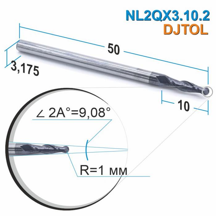 Фреза спиральная двухзаходная конусная сферическая DJTOL NL2QX3.10.2
