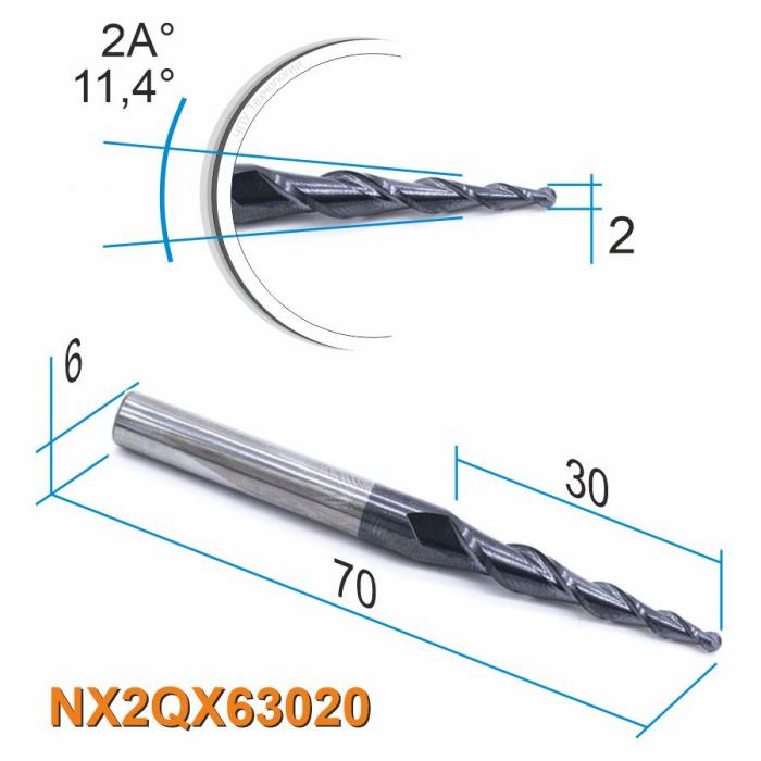 Фреза спиральная двухзаходная конусная сферическая DJTOL NX2QX63020