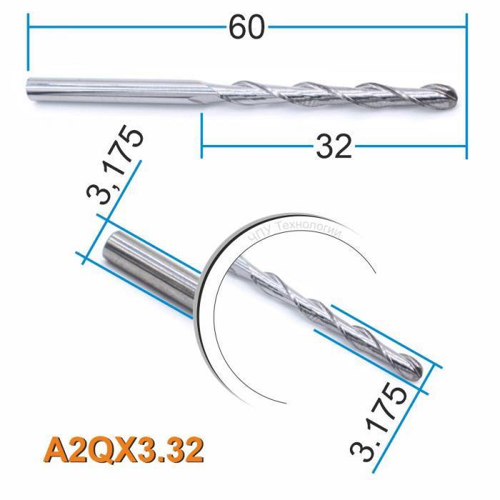 Фреза спиральная двухзаходная сферическая DJTOL A2QX3.32