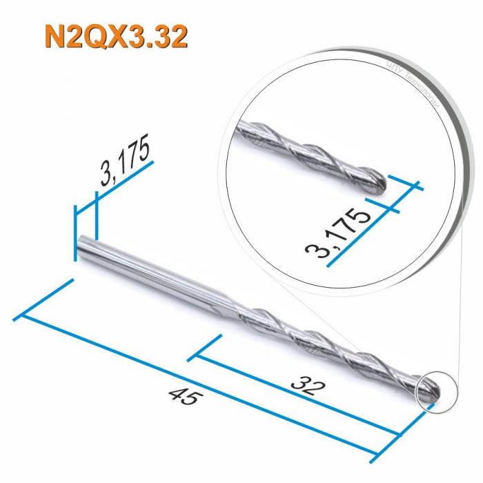 Фреза спиральная двухзаходная сферическая DJTOL N2QX3.32