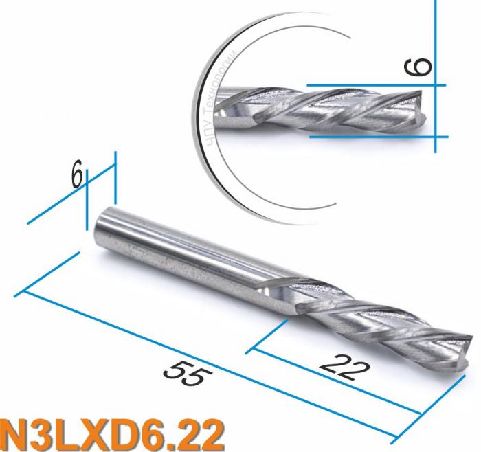 Фреза спиральная трехзаходная, удаление стружки вниз DJTOL N3LXD6.22