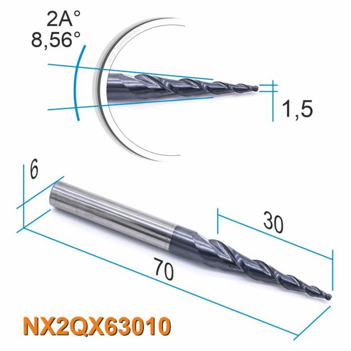 Фреза спиральная двухзаходная конусная сферическая DJTOL NX2QX63015