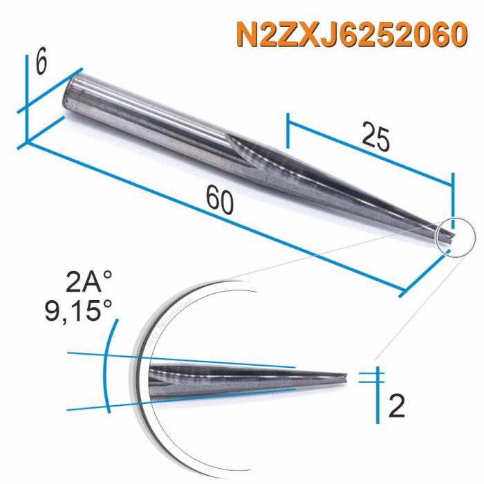 Фреза прямая двухзаходная конусная (плоский кончик) DJTOL N2ZXJ6252060