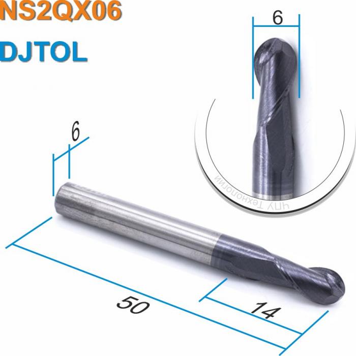 Фреза спиральная двухзаходная сферическая с покрытием AlTiN DJTOL NS2QX06