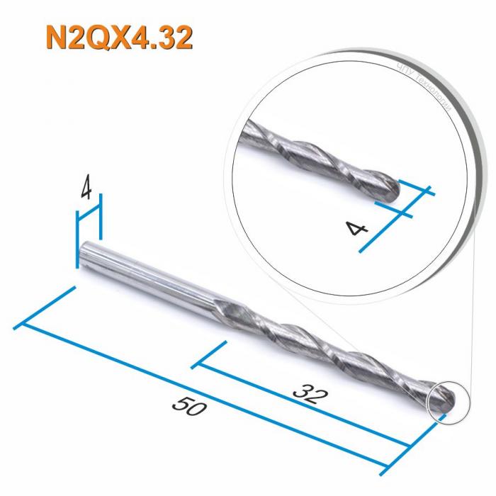 Фреза спиральная двухзаходная сферическая DJTOL N2QX4.32