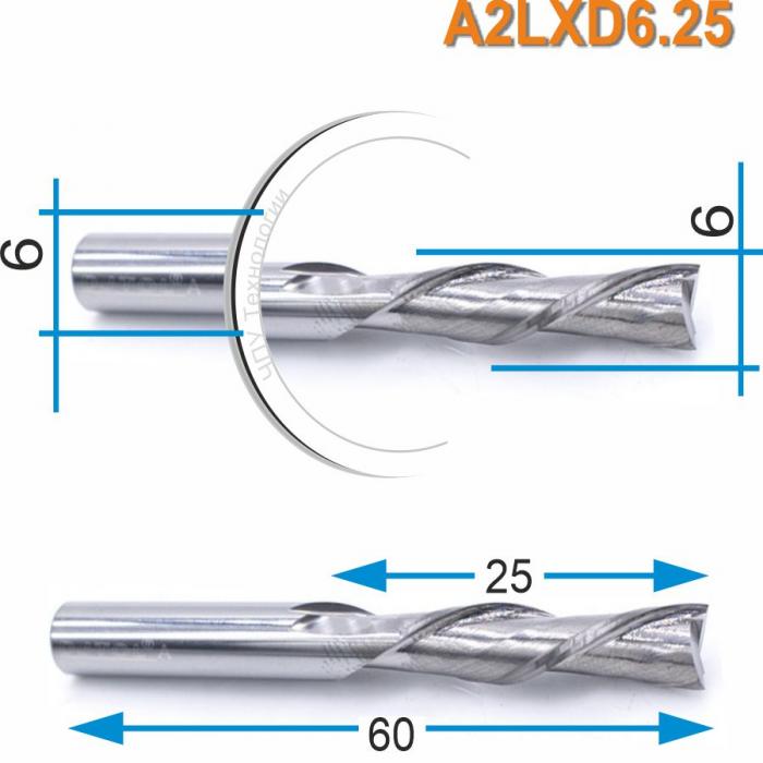 Фреза спиральная двухзаходная стружка вниз DJTOL A2LXD6.25