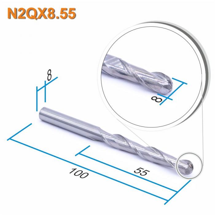 Фреза спиральная двухзаходная сферическая DJTOL N2QX8.55