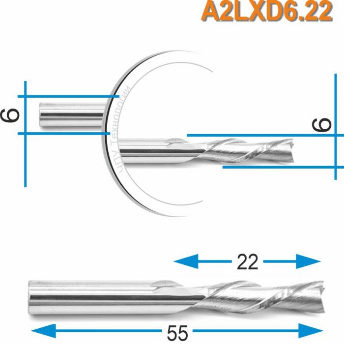 Фреза спиральная двухзаходная стружка вниз DJTOL A2LXD6.22